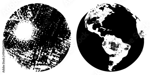 Stylized halftone globes with distressed textures, Earth showing continents, Moon with cratered surface, vector art for design, isolated map elements, space exploration graphics.