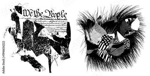 Broken parchment fragments displaying "We the People" text, combined with American flag and distressed textures, symbolic of constitutional fragmentation or.
