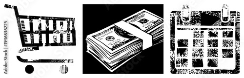 Vintage distressed shopping cart, bundled money bills, spiral bound calendar all in gritty vector art. Synonyms checkout symbol, cash register, planner graphic.