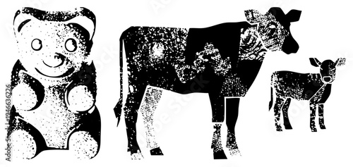 Retro style halftone gummy bear candy and cow illustrations, stylized dairy farm animals, vector graphic, black and white dotted texture, isolated foreground.