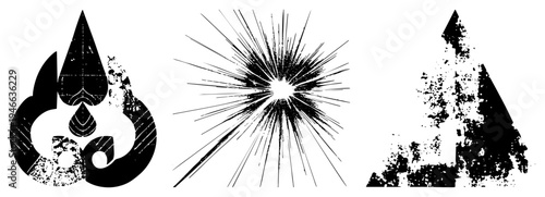 Three stylized black with distressed textures teardrop motif, radial burst, and triangular. Flat vector design with grunge overlay, ideal for digital art or UI elements.
