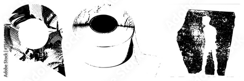 Vector halftone forming circular and humanoid shapes, graphic design, stylized abstract forms, isolated cutout elements, geometric texture art.