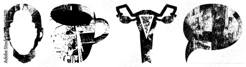 Distressed black vector human head silhouette, coffee cup, uterus, speech bubble. Grunge texture,, symbolic design. Ideal for UI, graphic design, or conceptual art.