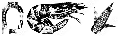 Classic halftone graphic of horseshoe, shrimp, and corn, rendered in with textured shading, suitable for rustic or retro design projects.