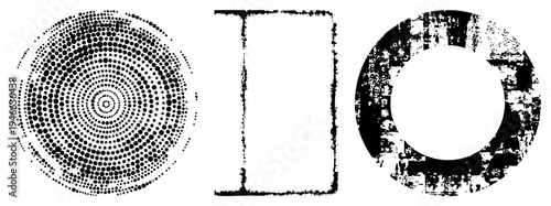 Three stylized forms concentric dot circle, distressed rectangle, textured ring rendered in halftone and grunge style for graphic design.