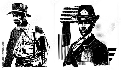 Vintage stylized portraits of African American men, one in cowboy hat with American flag motif, another in formal hat with emblem, halftone textures, graphic art, historical representation.