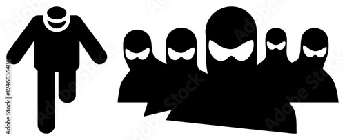 Silhouette of lone smiling person fleeing menacing masked figures, vector, flat design, security threat, escape concept, stylized human forms.