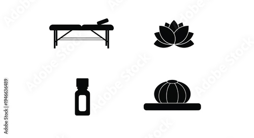 A serene spa setup with a massage table, lotus flower, and yoga ball