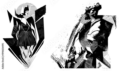 Two stylized human forms rendered with sharp angles and hatched shading, graphic design elements, modernist composition, black and white vector art.