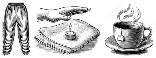 Classic hand drawn sweatpants, candle on cloth, tea cup with saucer, vintage engraving style, black and white vector art, cozy relaxation scene.