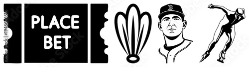 Vector for sports and gambling betting ticket, badminton shuttlecock, baseball player, speed skater, black and white style.