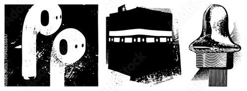 Ghostly figures with hollow eyes, Kaaba’s sacred cubic form, abstract sculpture with wavy textures, halftone vector style, graphic design.