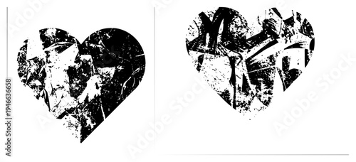 Broken heart symbol with distressed texture, graffiti style fragments, urban decay aesthetic, stencil art motif, black and white vector design.