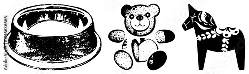 Classic pet food dish, plush teddy bear with dot texture, traditional Swedish wooden horse, stylized vector, halftone art.