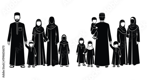 A group of muslim people including adults and children standing together