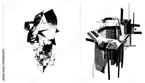 Fragmented polygonal shapes with halftone textures and, graphic art, stylized abstraction, vector illustration, modern design element.