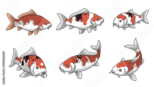 Stylized Koi Fish Collection: Six Japanese Carp Illustrations with Red, White, and Black Markings, Isolated on White Background.