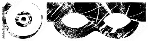 Stylized fractured eye mask with cracked texture, circular target motif, graphic design element, halftone, vector art.