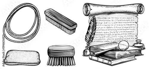Set of antique cleaning brushes, soap bar, rope, and vintage writing tools including quill pen, scroll, magnifying glass, inkwell, and books. Classic engraved art style.