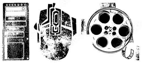 Grunge textured vector of film reel, server tower, and gaming mouse, design, tech and symbols, isolated elements, stylized graphics.