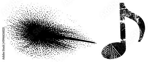Musical symbol emitting ink splatter, halftone texture, graphic design element, isolated, stylized note graphic.
