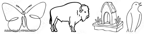 Butterfly, bison, birdhouse, and bird rendered as clean, isolated vector symbols, nature themed clipart, wildlife and habitat graphics.