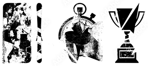 Winter sports gear, timing device, victory symbol, athletic achievements, competitive spirit, grunge texture, vector.
