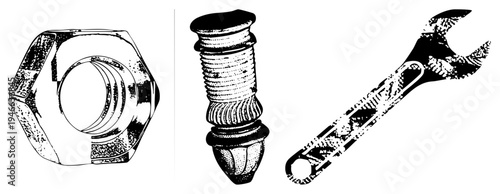 Mechanical hardware tools including hex nut, threaded bolt, and adjustable wrench rendered in halftone texture, black and white vector illustration for engineering or repair contexts.