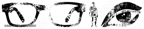 Graphic featuring eye, glasses, robot, halftone texture, design, digital art, tech theme, vision symbols.