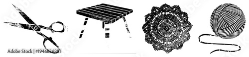 Classic black and white vector worn scissors, wooden stool, crochet doily, yarn ball with strand. Isolated crafting/textile elements.