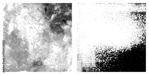Grayscale halftone with density gradient, dot matrix texture, print simulation, screen tone effect, graphic design element.