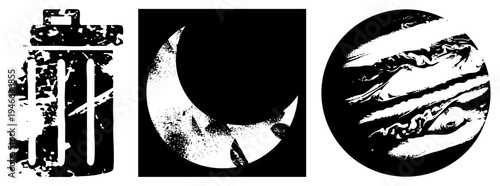 Vector with distressed texture trash can, moon, Jupiter planet. Graphic symbols for apps, UI, design. Grungy aesthetic,, stylized celestial and utility objects.