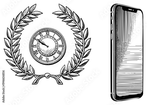 Classic timepiece framed by laurel wreath, antique clock, Roman numeral dial, modern smartphone, juxtaposed tech and tradition, vector illustration.