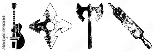 Four grungy black and white vector acoustic guitar, shuriken, battle, rolling pin. Stylized, distressed, isolated elements for design use.