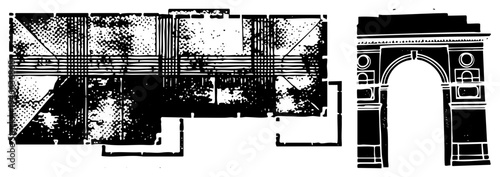 Classic stone archway with decorative molding, symmetrical wall with halftone textures, architectural blueprint style, vintage engraving, structural design element.