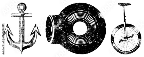 Classic anchor with texture, threaded pipe fitting with concentric rings, unicycle with spoked wheel all in halftone style, isolated vector illustrations.