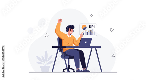 Man celebrating success with KPI data on laptop screen, business growth concept