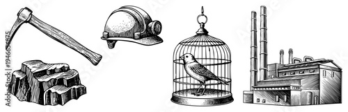 Antique pickaxe and helmet beside rocky outcrop, caged bird, factory with smokestacks engraved vector illustration. Mining gear, industrial confinement, birdcage symbolism, factory architecture.