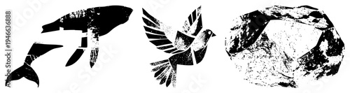 Stylized whale, flying bird, and rugged rock rendered in gritty halftone, vector art, isolated graphic elements, textured, symbolic nature.
