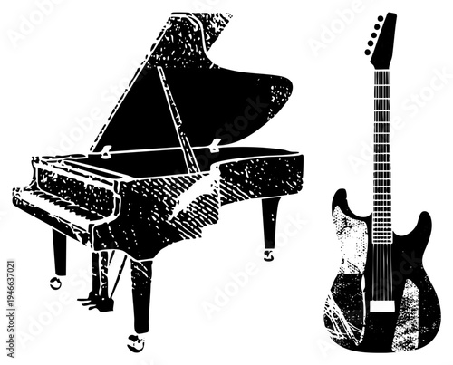 Black and white vector illustration of piano and electric guitar, musical instruments, artistic texture, vintage aesthetic, music.