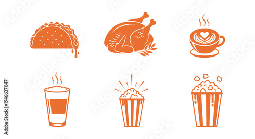 Tasty fast food icons featuring roasted turkey and crispy popcorn with hot latte coffee and delicious taco for a complete meal.