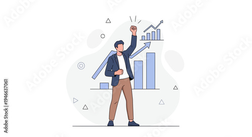 Successful businessman celebrating growth with upward graph and bar chart