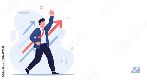Successful businessman celebrating victory with rising arrow graph, business growth concept