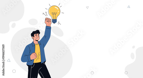 Man with Fist Raised, Holding Light Bulb Idea, Innovation Concept