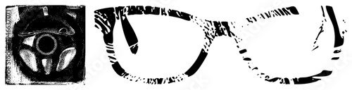 Classic car wheel with horn button and leather grip, paired with textured eyeglasses frame, halftone vector art, retro automotive and eyewear design.