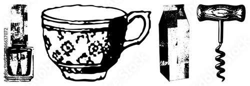Retro ink stained illustrations of beauty and dining tools nail polish, cup, milk carton, corkscrew all in distressed black and white vector art.