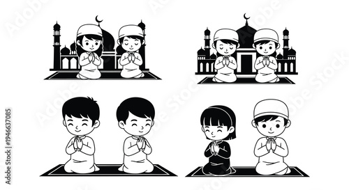 Canvas-taulu Muslim children praying with folded hands in front of a mosque