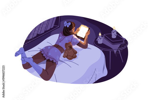 Teen girl is lying in bed and reading an ebook at night instead of sleeping. Young woman with insomnia enjoys electronic books on phone at late time. Flat isolated vector illustration on white