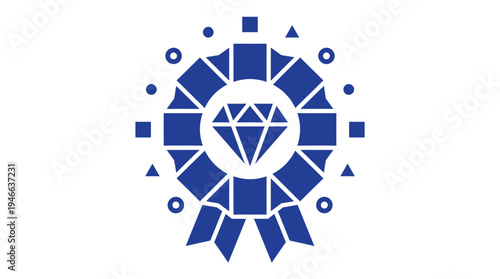 A premium blue diamond award ribbon icon symbolizing excellence quality achievement and high standards for success in a professional business environment.