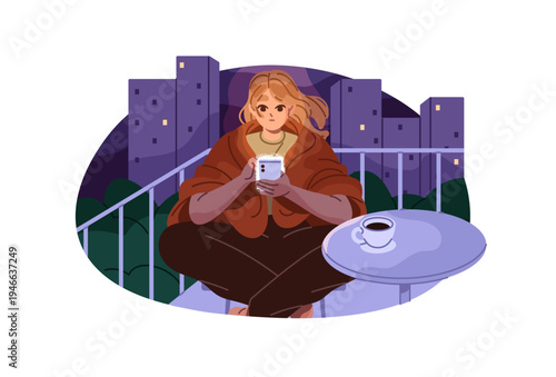 Young woman with insomnia sits on balcony with coffee, scrolls social networks on phone at night. Girl is texting, communicates in online chat on smartphone. Flat isolated vector illustration on white